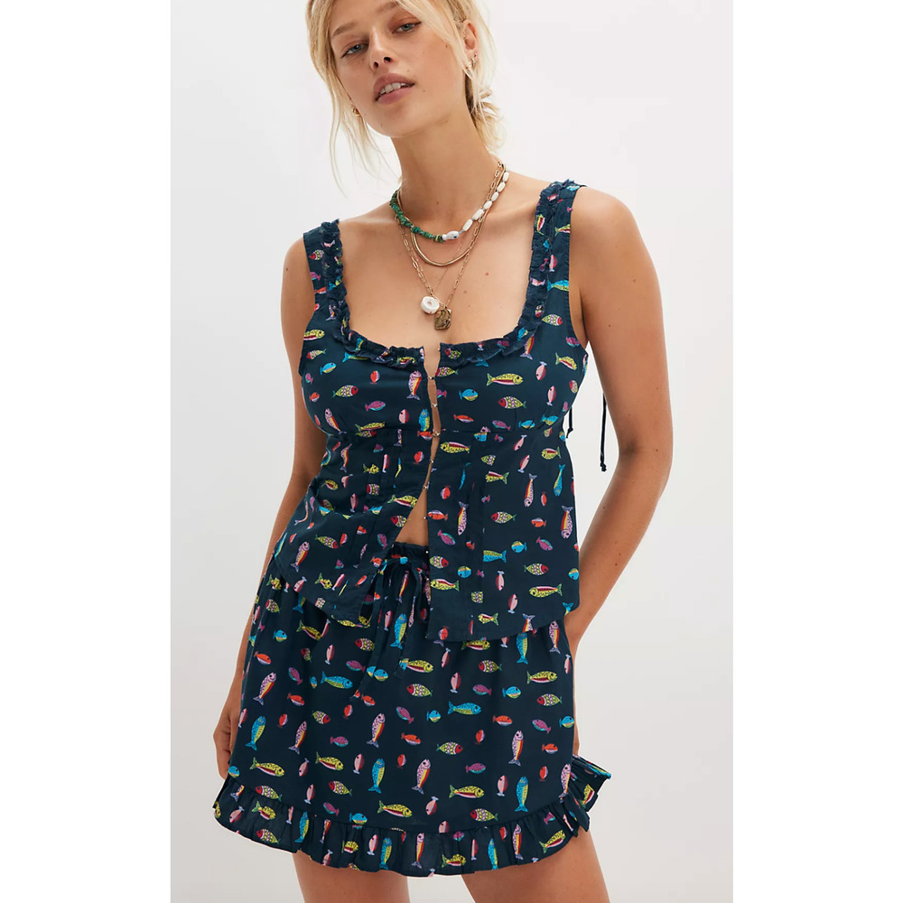 NEW FREE PEOPLE NAVY ELLIA FISH PRINTED 2 PIECE SET MINI SKIRT TANK TOP SET SZ M